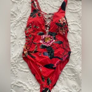 New Women’s Red Deep Cut Floral Swimsuit, Medium